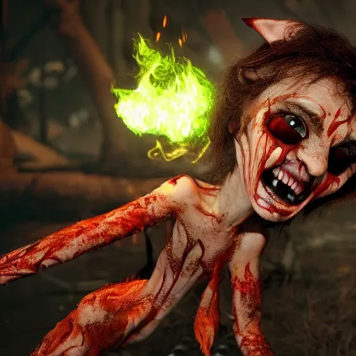 Image similar to a cute, enraged elf with violent skin reflecting a fiery scene, a scarred face, a bob haircut, and bushy eyebrows, grinning, with hell aflame behind them, in the style of gary frank and rafael albuqurque, rendered in unreal engine