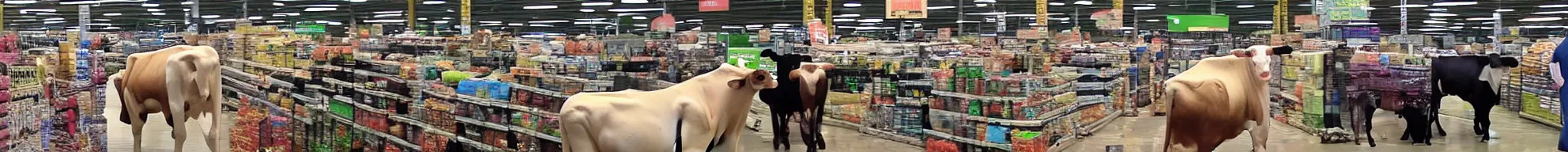 Image similar to consistent frames from a video of a cow walking around in a walmart