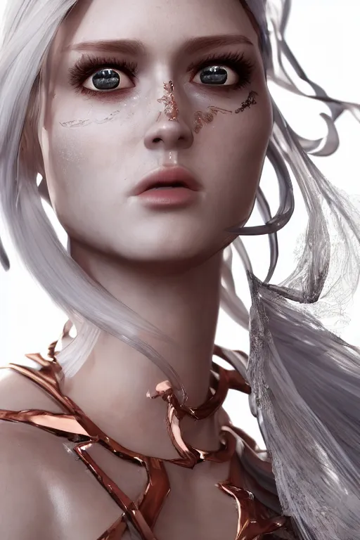 Prompt: white cyborg fashion shot, copper spiral hair decorations, white elegant baroque design, pretty face, photorealistic, 8k, hyper detailed, unreal engine, trending on artstation,