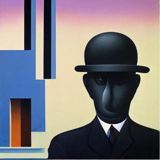 Image similar to “ painting by magritte and jeffrey smart and de chirico, featuring stairs, and man in hat ”