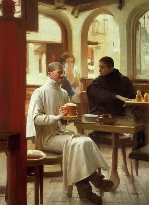 Image similar to a 1 4 th century monk wearing a turtle neck sweater at a mcdonalds by vladimir volegov and alexander averin and pierre auguste cot and delphin enjolras