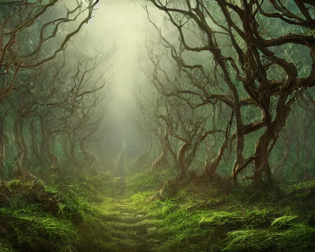 Prompt: A sparse forest, path leading to far away, overgrown with thick and rich vines, digital art, trending on Artstation, matte painting, detailed, HD, 4k