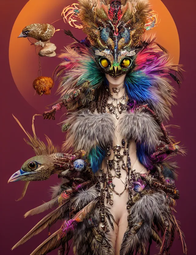 Prompt: 3 d goddess wide angle portrait with feathers, fur, and bones. beautiful intricately detailed avante garde kookaburra mask and retrowave sorceress outfit. lizard, reflective chitin, optical mineralogy, mycelium, mushrooms, plasma, creature, artwork by tooth wu and android jones wlop and android jones and beeple and greg rutkowski