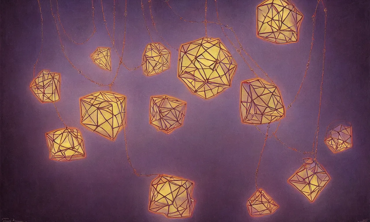 Prompt: a floating dodecahedron necklace of neon light, art by james gurney and greg rutkowski and rene magritte, surrealism by salvador dali, very detailed, high resolution, symmetry, volumetric lighting