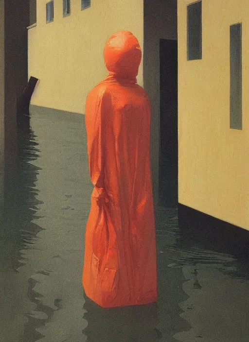 Image similar to woman dressed in plastic bags in paper bag over the head on flooded street Edward Hopper and James Gilleard, Zdzislaw Beksinski, highly detailed