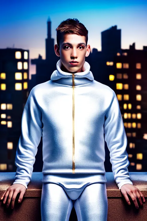 Image similar to un ultra high definition studio quality photographic art portrait of a young man standing on the rooftop of a british apartment building wearing soft padded silver pearlescent clothing. three point light. extremely detailed. golden ratio, ray tracing, volumetric light, shallow depth of field. set dressed.