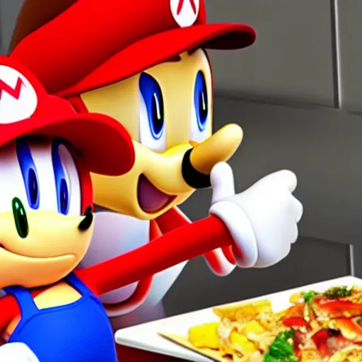 Prompt: sonic and mario having dinner together at a restaurant, setting their differences aside and having a talk