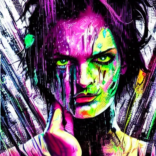 Image similar to splashes of neon, punk portrait made out of paint with rain in the background, trending on artstation, epic composition, emotional, beautiful, rendered in octane, highly detailed, realistic, tim burton comic book art, sharp focus, matte painting