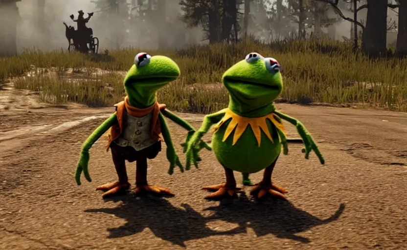 Image similar to kermit the frog in red dead redemption 2, cinematic shot