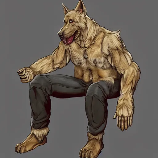 Image similar to a humanoid german shepherd beast - man, sitting on a couch and puts on jeans, artstation, concept art, smooth, sharp foccus ilustration, artstation