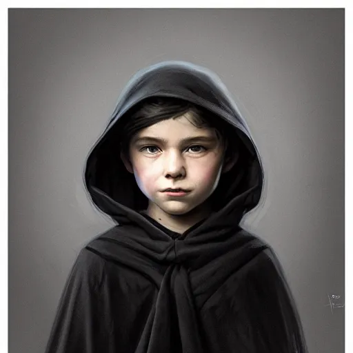 Image similar to perfectly - centered - portrait of a kid wearing black cloak holding stick, intricate, highly detailed, digital painting, artstation, concept art, smooth, sharp focus, illustration, unreal engine 5, 8 k, art by artgerm and greg rutkowski and alphonse mucha