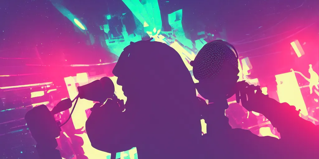 Prompt: rapping into microphone, silhouette, huge crowd, cyberpunk, hip hop, digital art, Aurora borealis, trending on Artstation, professional artist, detailed, 4k