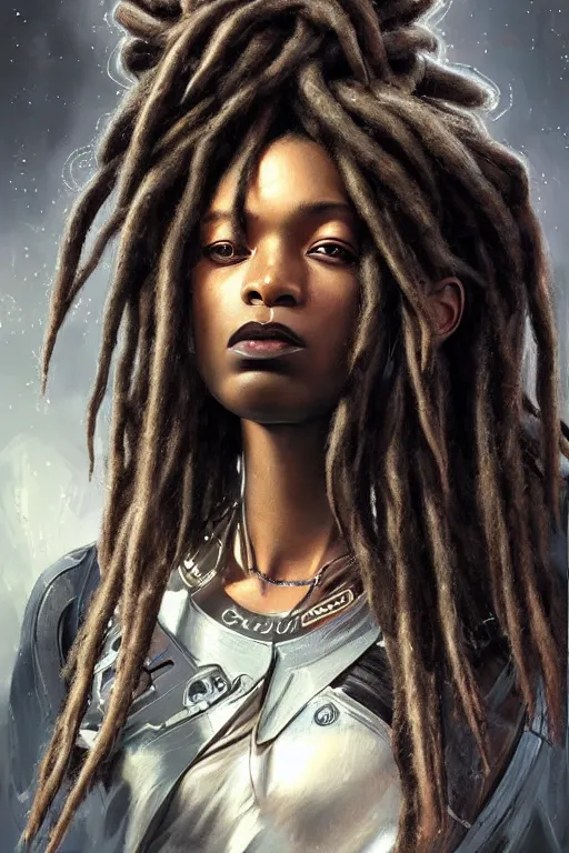 Prompt: ultra realistic illustration, closeup studio photo, black woman with dreads, hacknaut cyberpunk, sci - fi, fantasy, intricate, elegant, highly detailed, digital painting, artstation, concept art, smooth, sharp focus, illustration, art by artgerm and greg rutkowski and alphonse mucha