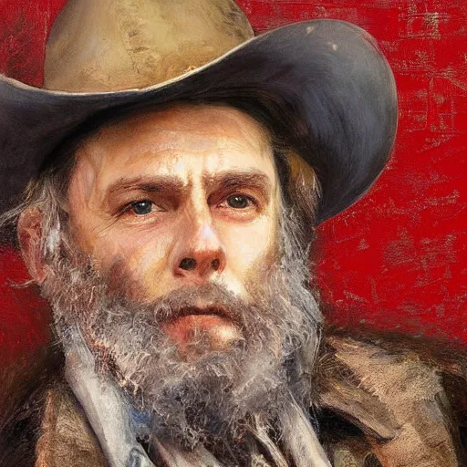 Image similar to Solomon Joseph Solomon and Richard Schmid and Jeremy Lipking victorian genre painting portrait painting of Hank Williams Sr a rugged cowboy gunfighter old west character in fantasy costume, red background