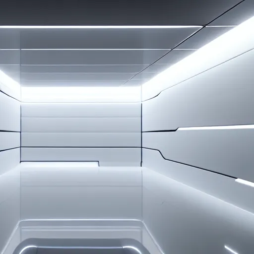 Image similar to a white room 1 2 ft long x 1 0 ft wide x 8 ft tall, geometrically perfect, clean and empty, sci fi spaceship futuristic paneling unreal engine, general studio lighting, 8 k,