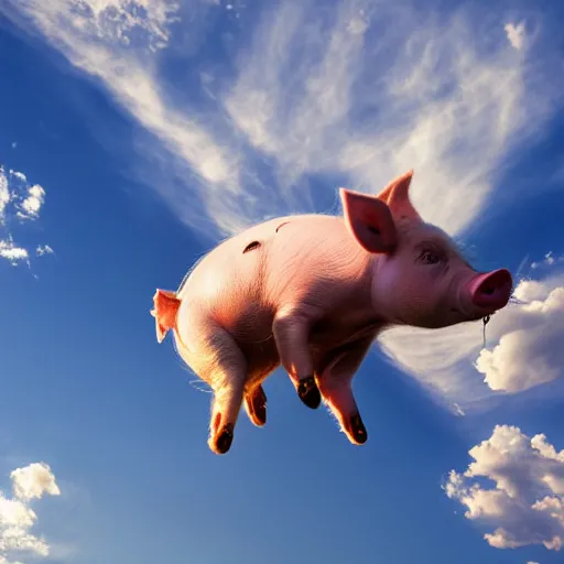 Prompt: pig flying with angel wings in a blue sky dramatic lighting