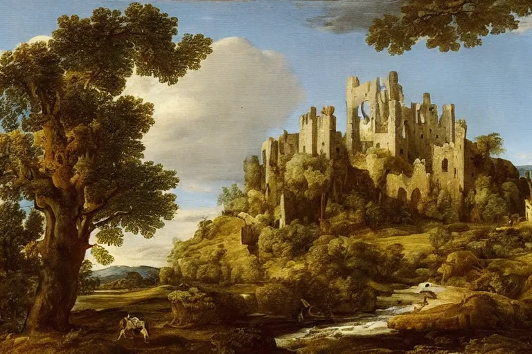 Image similar to pastoral landscape with ruined castle in the background by claud lorrain, french 1 6 0 0 - 1 6 8 2