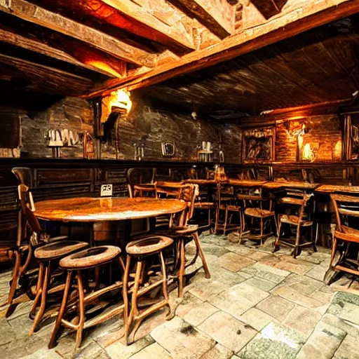 Prompt: dark, run down, dingy medieval architecture fantasy tavern, fireplace, tables, chairs, mead, bar