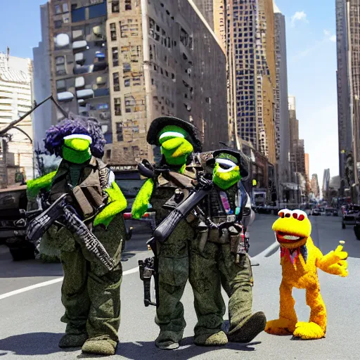 Prompt: muppet puppet special forces in an urban battle field.