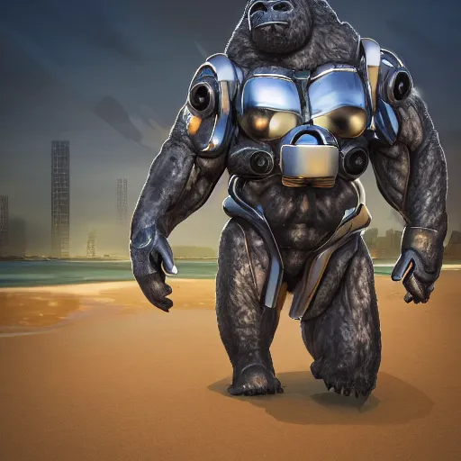 Prompt: cybernetic, anthropomorphic gorilla, face covered by cyberpunk visor, smooth round shapes, male, commission on furaffinity, cgsociety, octane render, beach in background