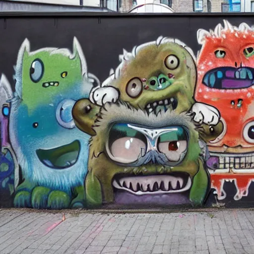 Prompt: little crazy monsters, furry creatures, monster emotional monsters and creatures in the city alleyway with graffiti, in the style of Johfra and Shaun Tan