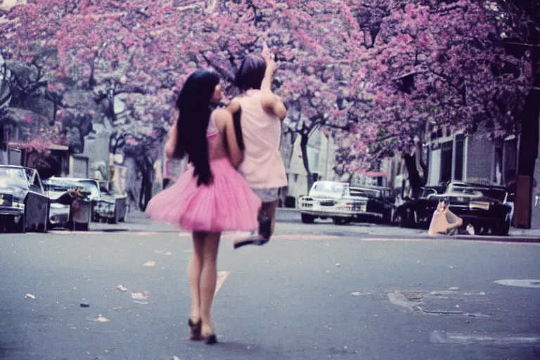 Prompt: film photography, 35mm, 1970s, love and romantic in blue pink colors, feeling of young and freedom