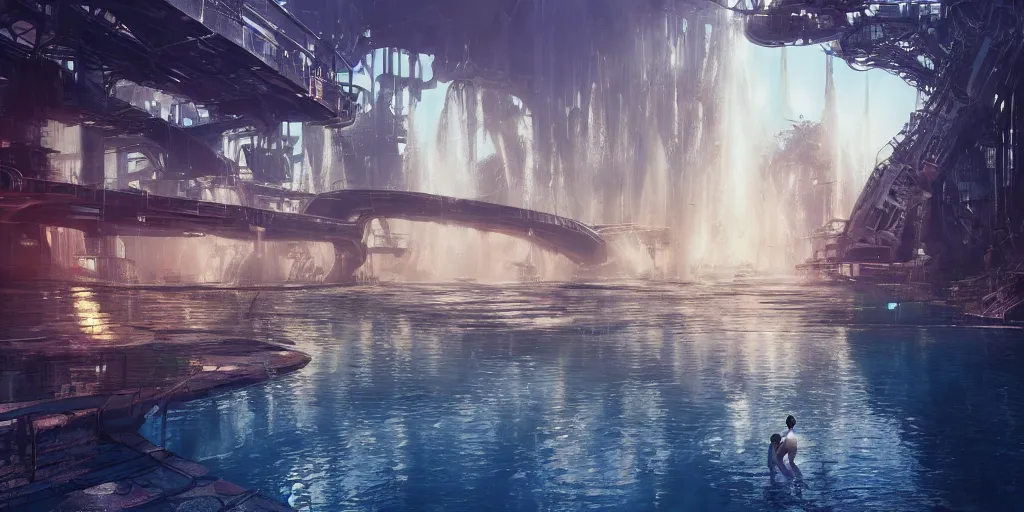 Image similar to beautiful pool waterfalls surrounded by alien robots, steel archways, industrial buildings, rusty metal towers, sun setting, ross tran, fantasy, james jean, peter morbacher, angelarium, alchemy, luxury, heavenly light, soft illumination, trending on artstation, cinematic lighting, digital painting, octane render, artgerm