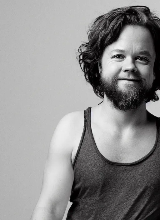 Image similar to illustration of young tim robbins with dark brown hair and a big bushy beard, wearing a white tank top