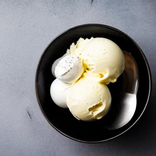 Image similar to closeup of a bowl with three balls of plain vanilla ice cream. Simplistic. Food photography.