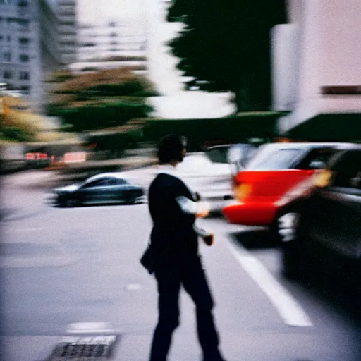 Image similar to portra 800 street photography, the subject is blurry because it's in motion, film portra photography