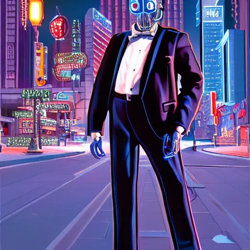 Prompt: Portrait of pee-wee herman as a chrome cyborg, city street at night, highly detailed, digital painting, artstation, concept art, illustration, dramatic lighting, art by syd mead and hajime sorayama