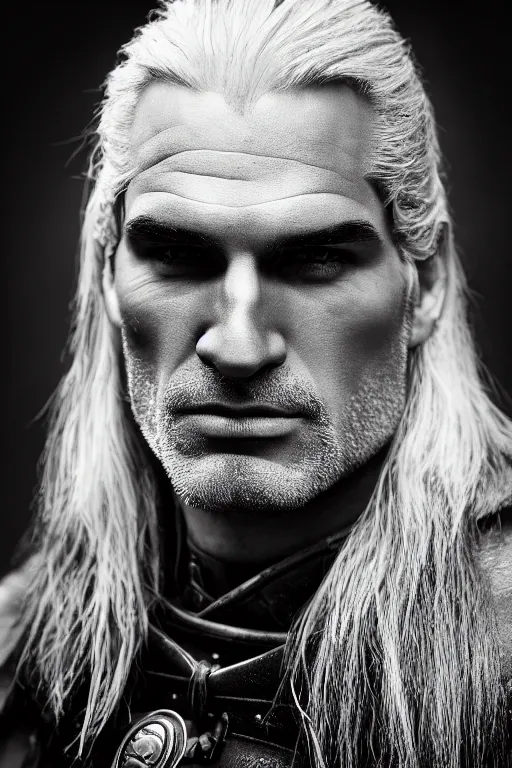 Image similar to portrait of geralt of rivia, 5 5 mm lens, professional photograph, black and white, times magazine, serious