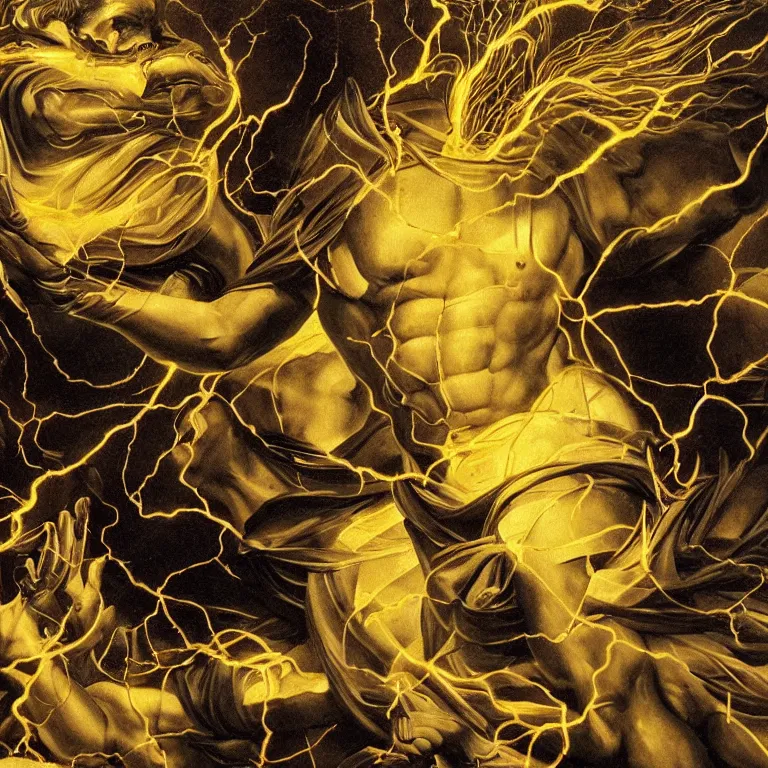 Prompt: mythological god of thunder and artificial intelligence creating an artificial neural network with dark yellow synapses on an anvil, high resolution, award winning art, trending on art station, sharp image, incredibly detailed, god of thunder detailed character realistic painting, painting by caravaggio