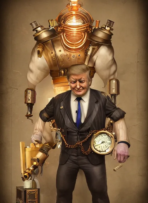 Prompt: steampunk bioshock donald trump is a muscular bodybuilder, au naturel, hyper detailed, digital art, trending in artstation, cinematic lighting, studio quality, smooth render, unreal engine 5 rendered, octane rendered, art style by klimt and nixeu and ian sprigger and wlop and krenz cushart.