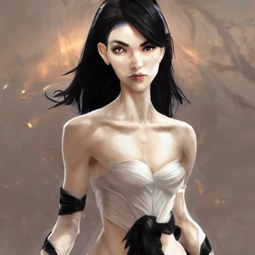 Image similar to tall woman with black hair and pale skin, from league of legends, as human, au naturel, hyper detailed, digital art, trending in artstation, cinematic lighting, studio quality, smooth render, unreal engine 5 rendered, octane rendered, art style by klimt and nixeu and ian sprigger and wlop and krenz cushart!