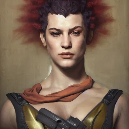 Image similar to portrait of zarya from overwatch in disco elysium, by alexander mcqueen, by roberto ferri, by tom bagshaw, by j. c. leyendecker and klimt, by austin osman spare, highly detailed oil painting, very intricate, cinematic lighting, award - winning, american romanticism, artstation, cgsociety, official art, octane