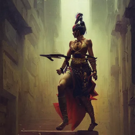 Image similar to a beautiful painting of a female warrior raiding an evil cult temple by jean - leon gerome and greg rutkowski, trending on artstation