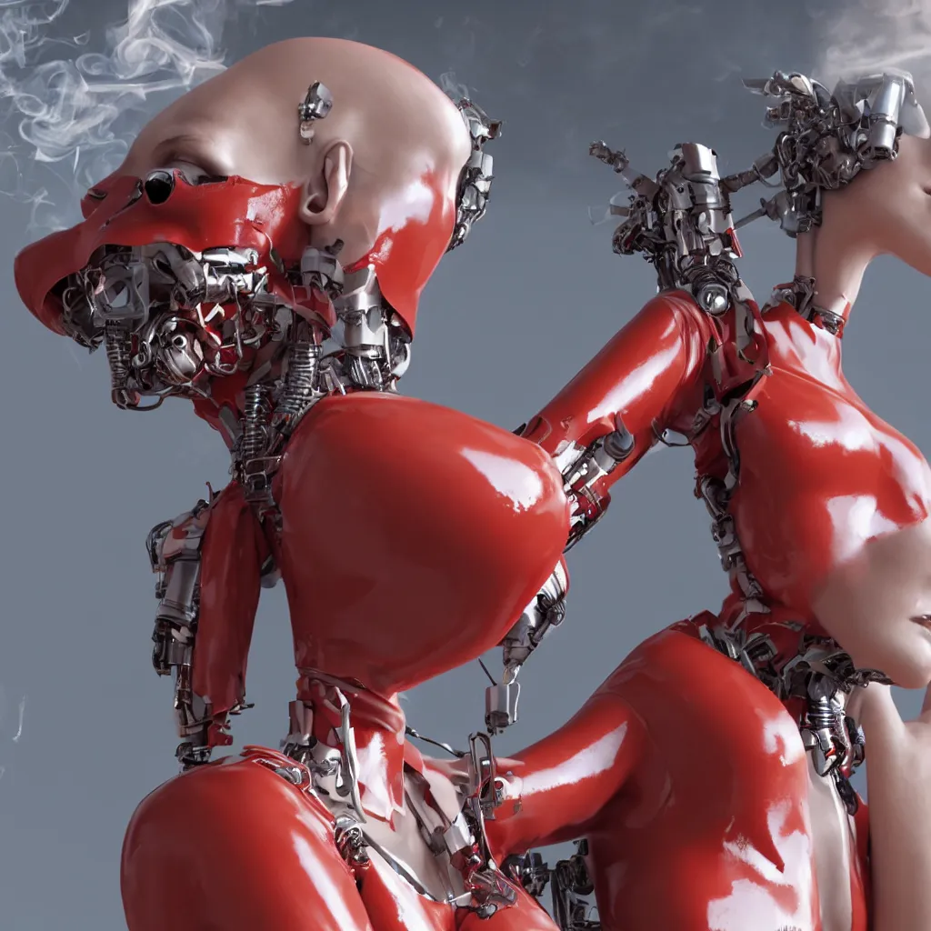 Image similar to a beautiful female cyborg is wearing a worn and ripped red latex jumpsuit, smoking a cigarette, as her mechanical body is slowly shutting down, and she is facing the end of her existence. hyper realistic, octane render, 8 k resolution, full profile, epic angle