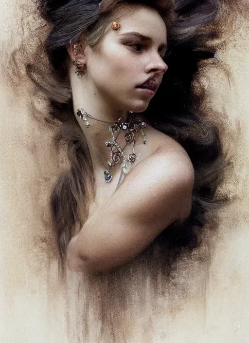 Image similar to a highly detailed photo of very intricate female face portrait, futurism, rococo cyber neon lighting, detailed futuristic fibonacci jewelry, profile posing, hyper photorealistic, trending in pinterest, cinematic, 4 k ultra hd, by denis villeneuve tom anders zorn hans dragan bibin thoma greg rutkowski ismail inceoglu illustrated sand storm alphonse mucha