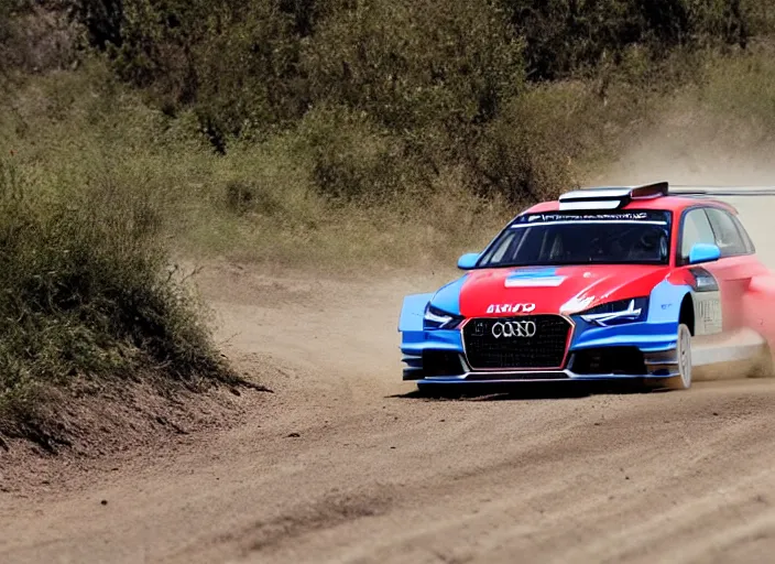 Prompt: action photo of an Audi M3 Nismo rally car on a dirt road