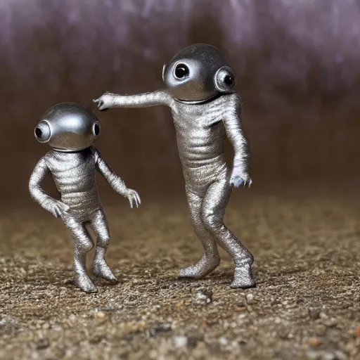 Prompt: two small alien humanoids walking around a landed silver ufo, realistic