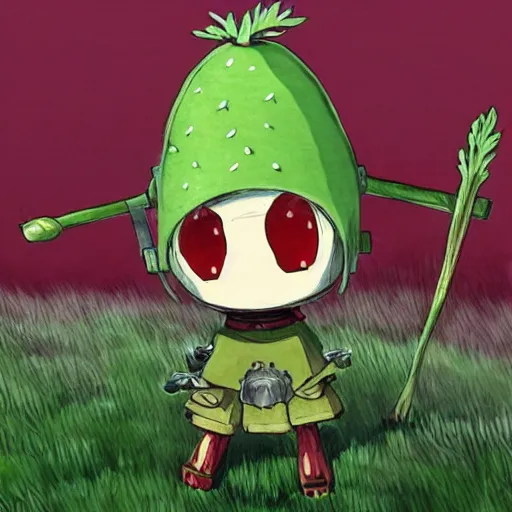 Image similar to cute robot made of plants wearing tomato hat and a chive sword, made in abyss style