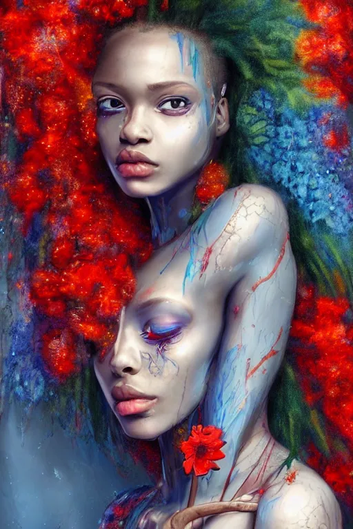 Image similar to portrait of beautiful young maiden, warhammer, afro style, more and more cyberpunk, a lot of more scars, more and more flowers, blue head, some red water, the middle ages, highly detailed, artstation, illustration, artgerm sylvari portrait, 8 k quality, art by max ernst