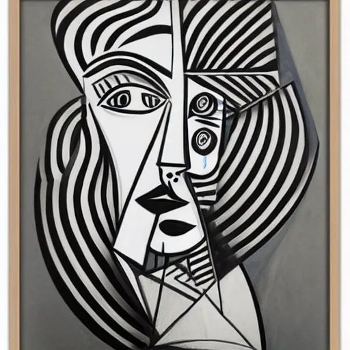 Prompt: picasso curved lineart portraits, intersecting faces, contemporary, cubism, boho neutral colors, framed