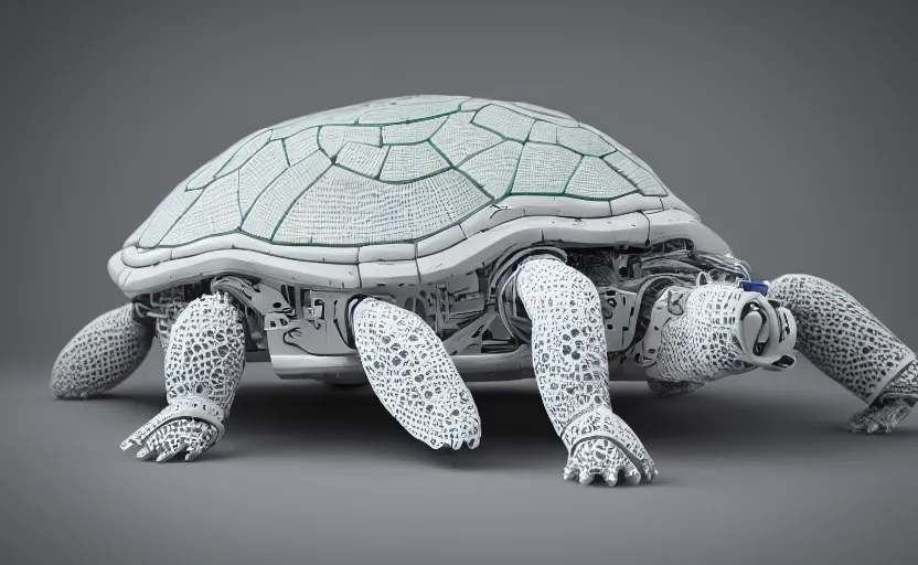 Image similar to artificial Intelligence turtle with its shell made out of modular synth dials and knobs, LED light accents, sleek design by apple, triple white colorway, synth-inspired, LED rich background, studio lighting, octane render, 4k, high quality photo,