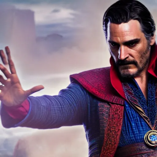 Prompt: A still of Joaquin Phoenix as Dr. Strange. Extremely detailed. Beautiful. 4K. Award winning.