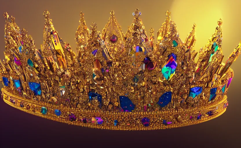 Image similar to Golden crown adorned with multicolored gems, hyperdetailed, artstation, cgsociety, golden hour 8k