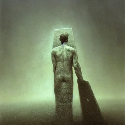 Prompt: arm reaching out of thick fog, smooth stelae, zdzislaw beksinski