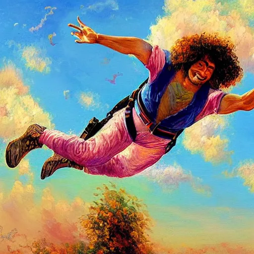 Image similar to egyptian man with curly hair, skydiving without a parachute, pastel clouds, impressionist painting, figurative painting, intricate details, happy