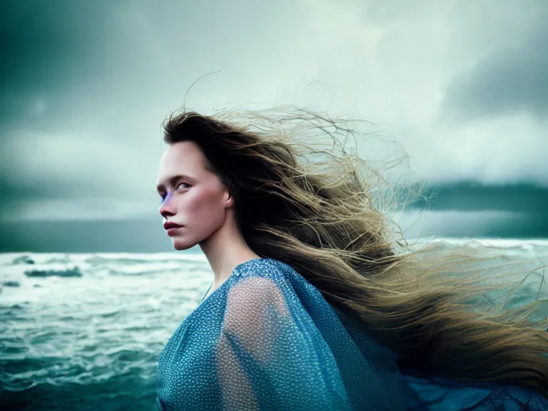 Image similar to cinestill 5 0 d photography portrait of a woman britt marling 3 / 4 style of nicholas fols, 2 0 0 mm, dress in voile, hair like dark clouds, hair floating on air, head in focus, mute dramatic colours, soft blur outdoor stormy sea background, volumetric lighting, hyper detailed, hyper realistic